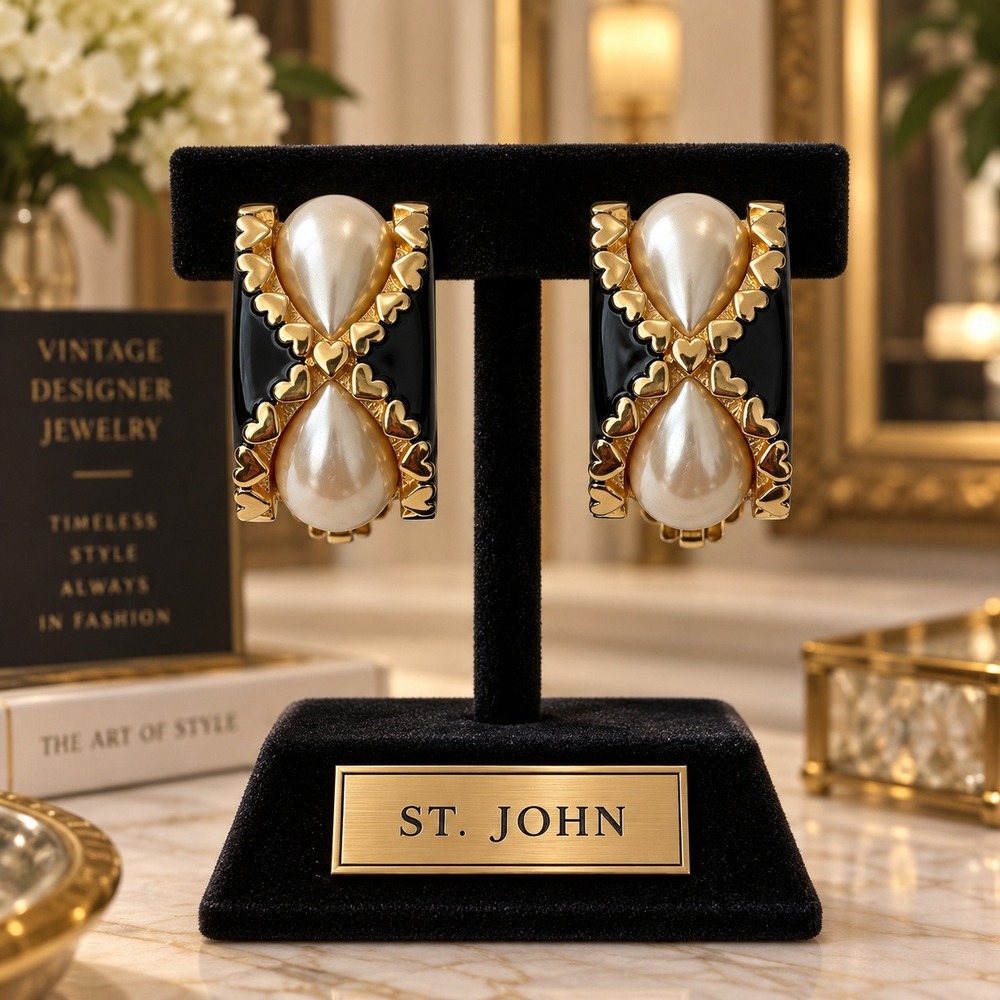 Vintage St John Black Enamel Faux Pearl Gold Tone Clip On Earrings Heart Signed
